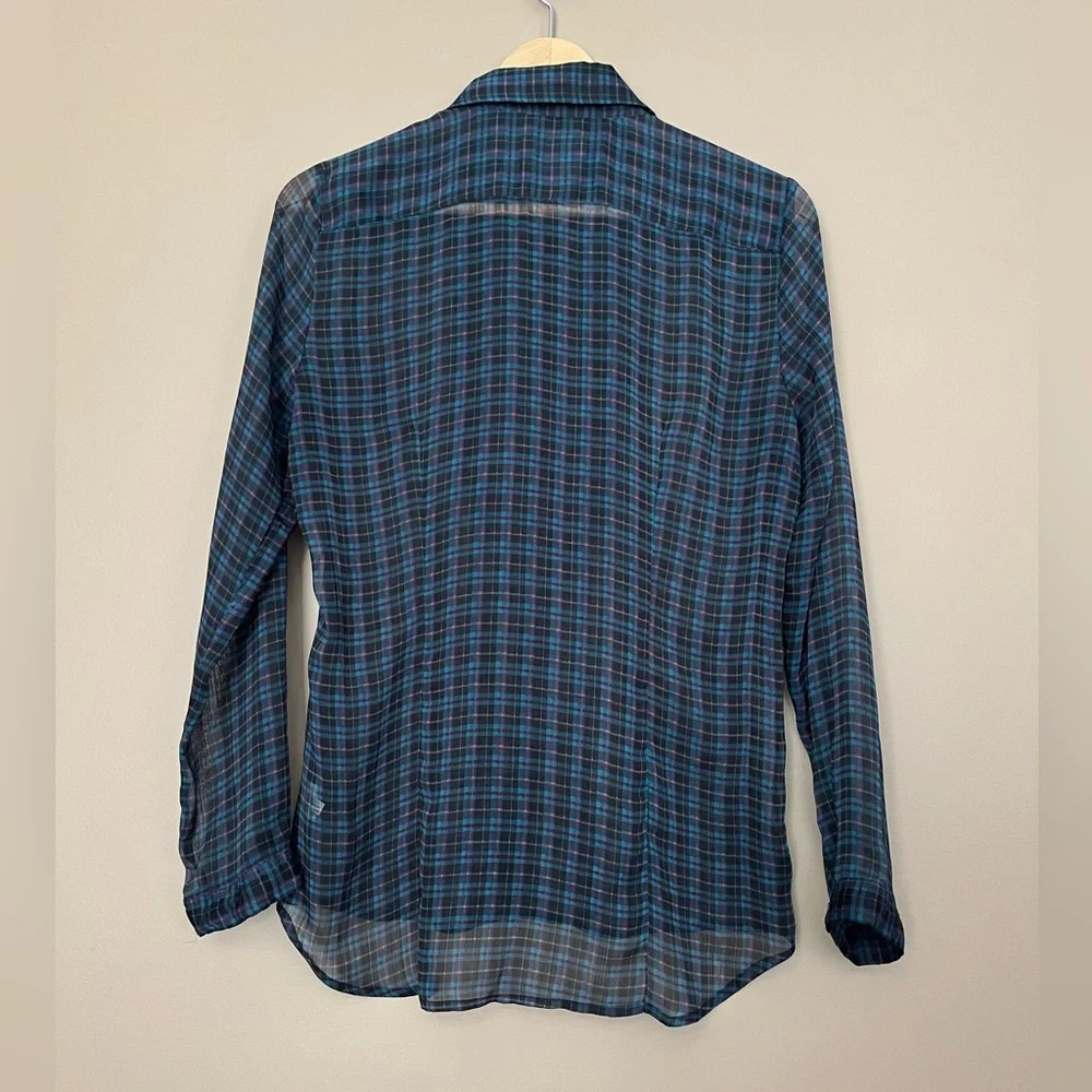 {American Eagle} Plaid Semi-Sheer Button Down Shirt with Ruffle Trim - Medium - Picture 5 of 9